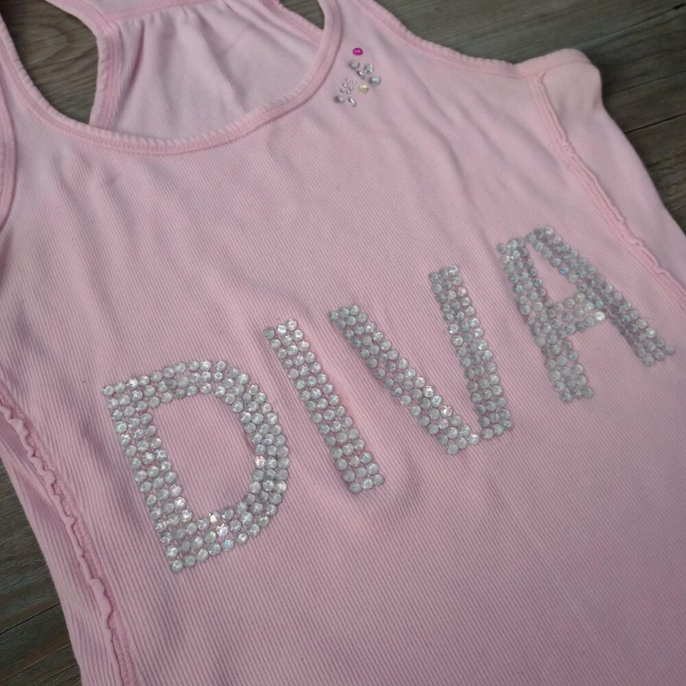 Y2K Pink Ribbed Rhinestone Diva Bimbo Tank - Picture 3 of 5